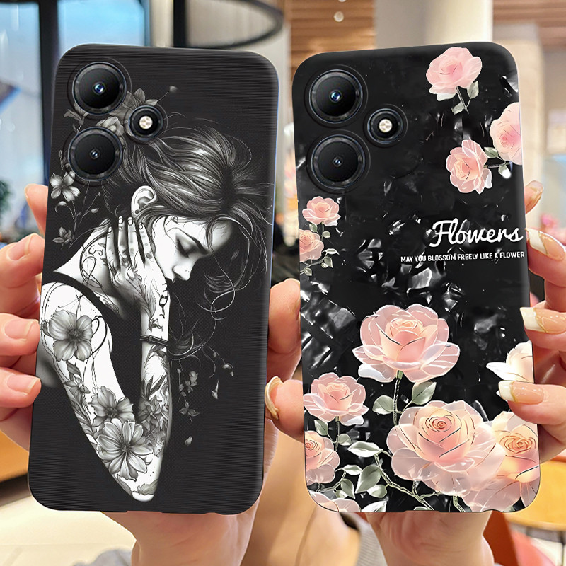 สําหรับ Infinix Hot 30i X669 X669C X669D กรณี Cool สาวดอกไม้หวานรูปแบบออกแบบใหม่สีดําซิลิโคนนุ่มฝาคร