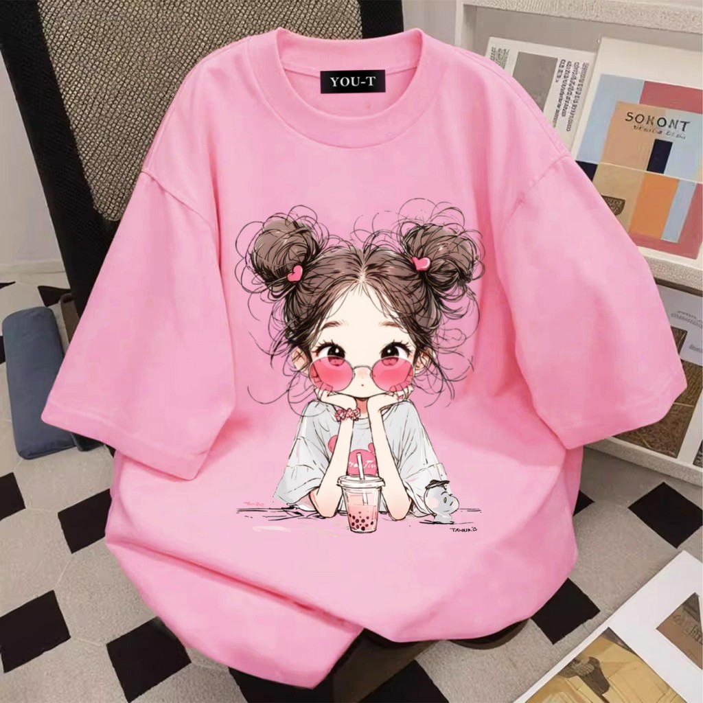 UM🎀 UM🎀พร้อมส่ง! เสื้อยืดOversize ผ้าCOTTON100%ลาย "milk tea Girl" เนื้อผ้าเกรดพรีเมียม คอกลม ใส่สบา