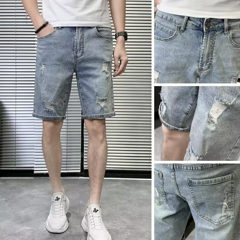Eershenshi กางเกงยีนส์ขาสั้นแฟชั่น Distressed สําหรับผู้ชาย