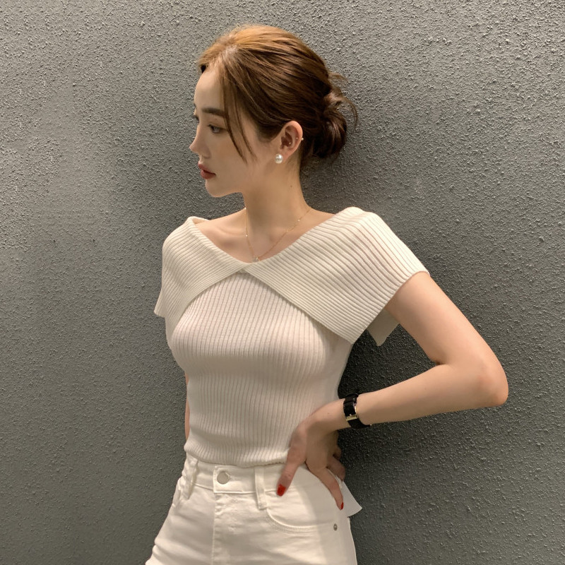 เกาหลีฤดูร้อนเกาหลีอ่อนโยนอารมณ์Lapelด้านหน้าและด้านหลังสวมใส่ยืดSlim-fit Slimmerดูเสื้อกันหนาวแขนสั้นผู้หญิงสไตล์Bet Me Mink YJ8K