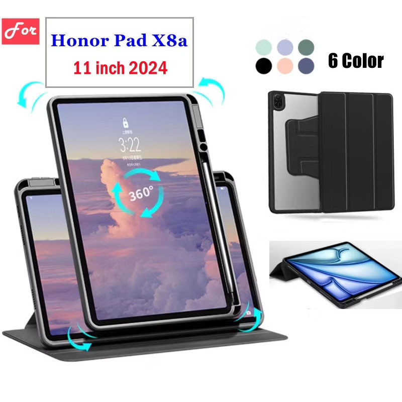 009.เคส ปรับองศาได้360 องศา เข้ากันได้สำหรับ Huawei Honor Pad X8a X8 a 11 นิ้ว 2024 หลังโปร่งใส มีช่องใส่ปากกา