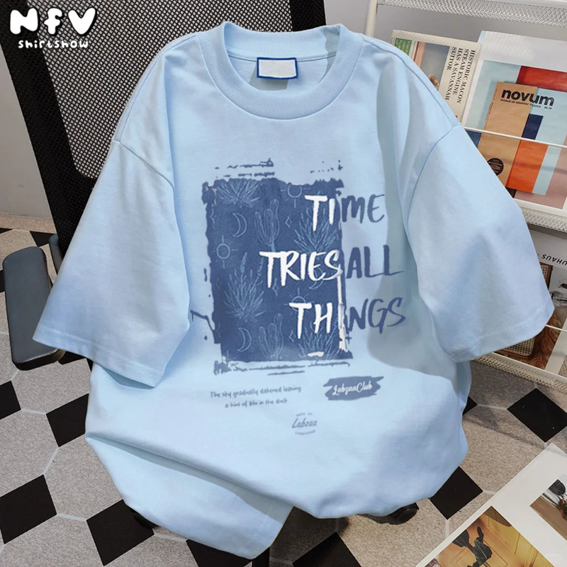 NFV พร้อมส่ง💙ลายพิมพ์ลวดลายสีน้ำเงิน เสื้อยืดผู้หญิงoversized ผ้าฝ้ายแท้ เนื้อผ้านุ่ม ใส่สบาย YG563 - รูปที่ 2