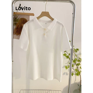 Lovito แคชชวล เสื้อยืดทรงหลวมเรียบๆ ผ้าถักลายวาฟเฟิล โปโล สำหรับผู้หญิง L68ED039 (หลากสี)