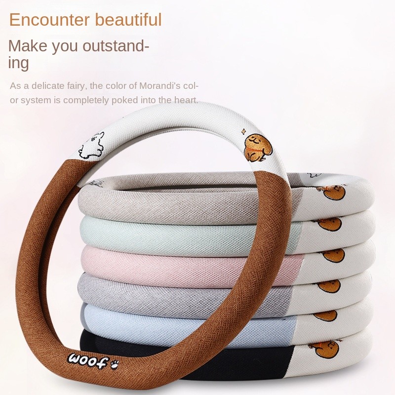 New Car Steering Wheel Cover Cute Cartoon Cotton and Linen Car Breathable Non-Slip Steering Wheel Cover Summer Four Seasons Universal Diameter 38cm 36cm Car interior decoration