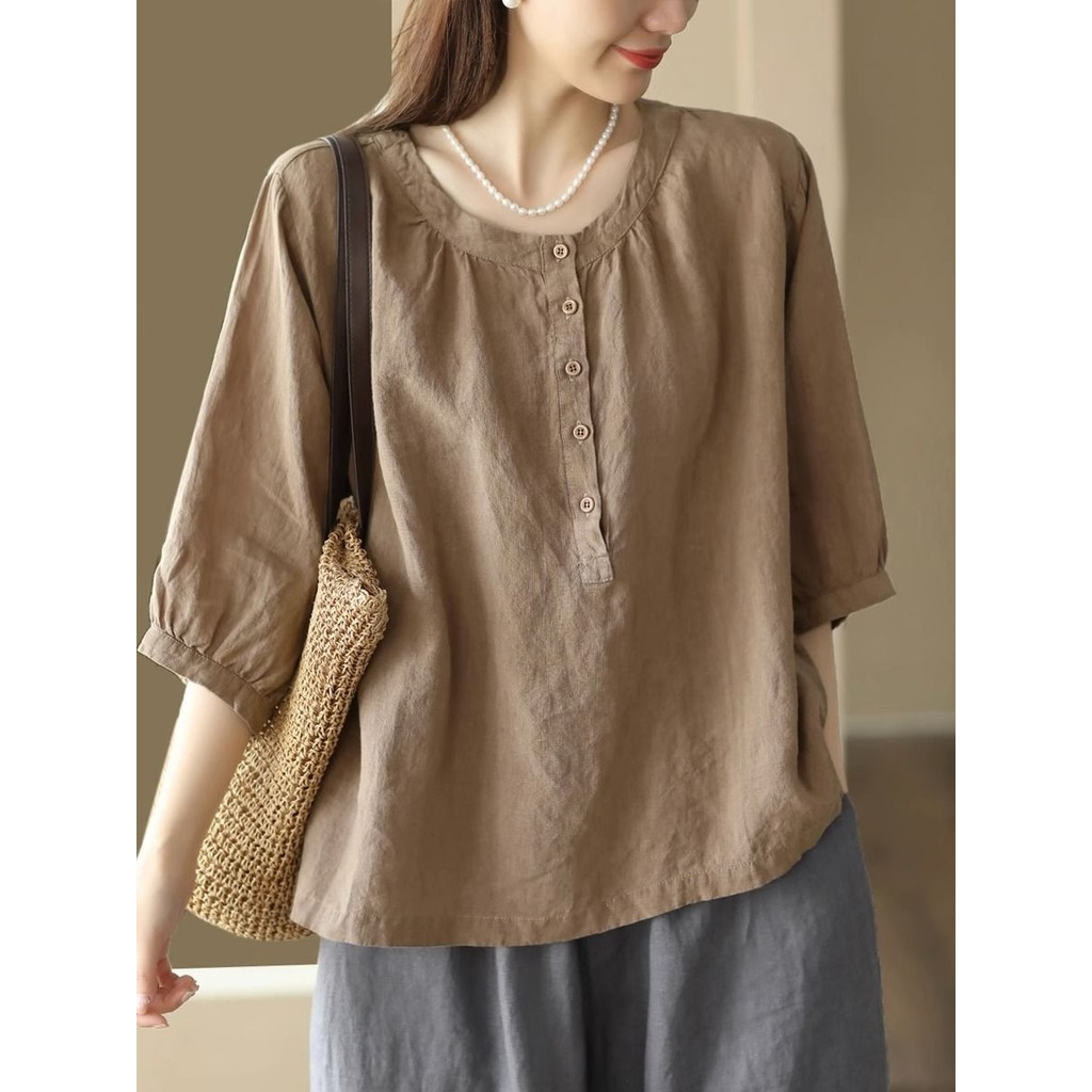 เสื้อสวมหัวทรงหลวมผ้าฝ้ายผสมผ้าลินินแบบใหม่ฤดูร้อนแนวอาร์ตๆสีพื้น