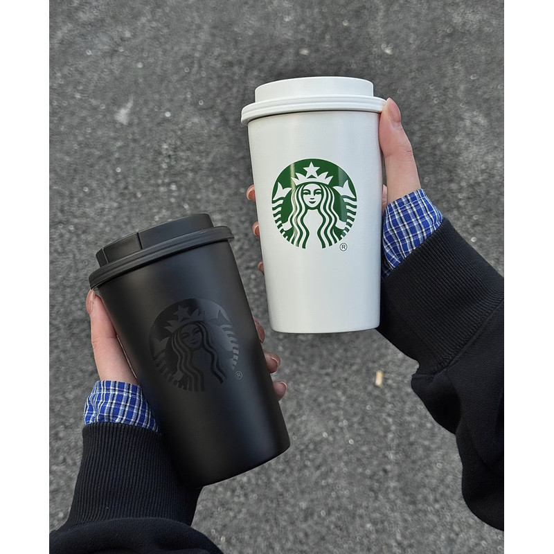 Starbucks 2025 Minimalist CLASSIC Goddess THERMOS เดสก์ท็อปสีดำและสีขาว Push-Top stainless STEEL STRAIGHT drink CUP