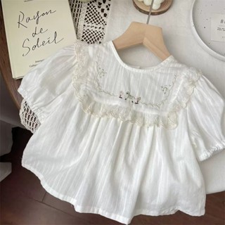 ฤดูร้อน เสื้อแขนสั้นสำหรับเด็กผู้หญิง เสื้อยืดสีขาว เสื้อปัก…