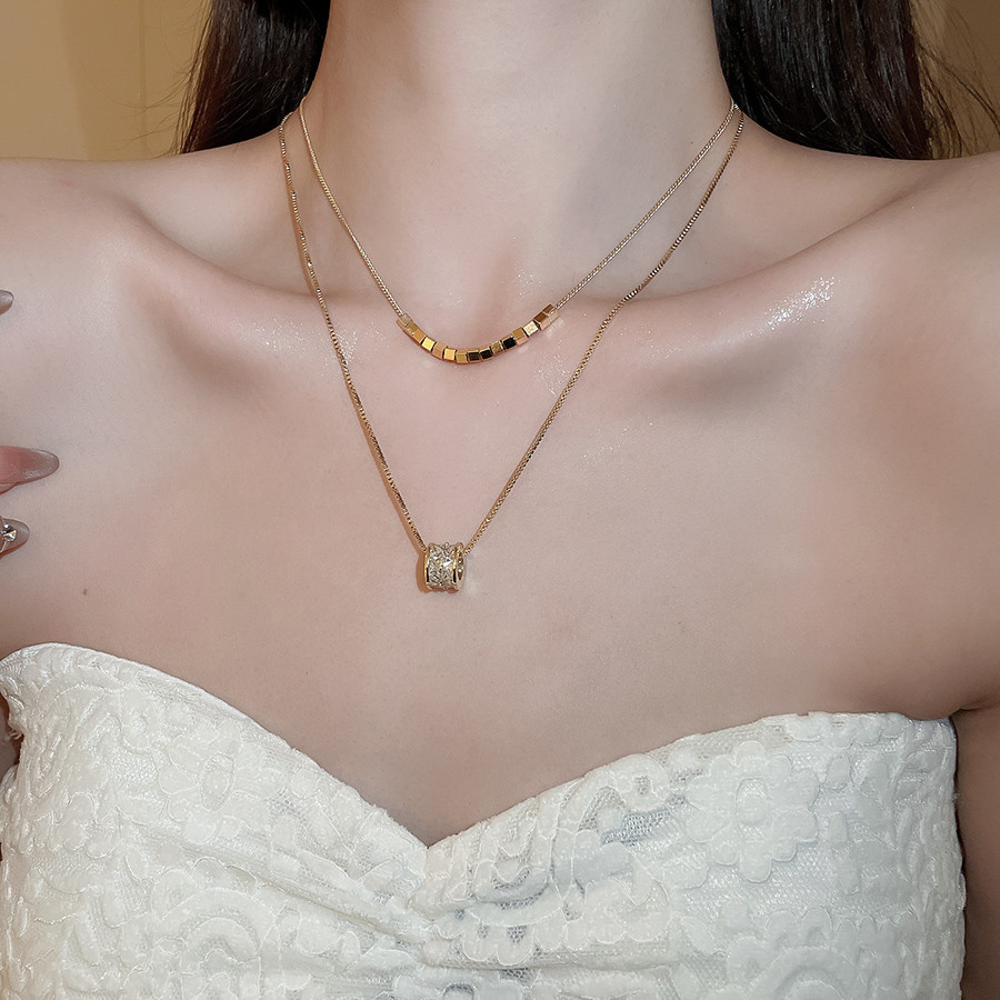DREJEW 18k ทองแท้เคลือบด้วยไฟฟ้า zircon double-layer รอบจี้สร้อยคอใหม่อเนกประสงค์ clavicle chain หรูหรา high-end สร้อยคอตกแต่ง