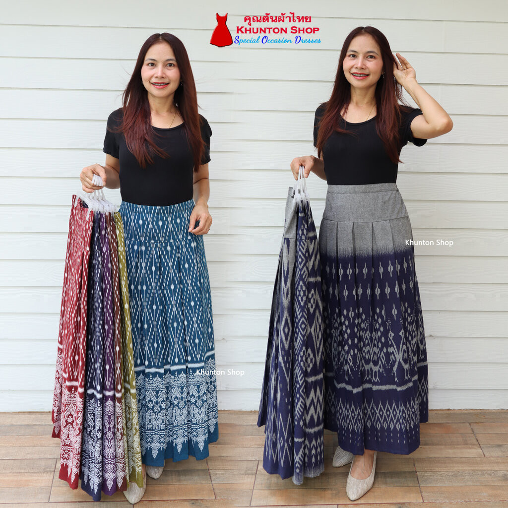 15D-ขนาดฟรีไซส์ใส่ได้เอว 28-34 กระโปรงผ้าไทย ทรงจีบทวิส ตัดด้วย ผ้าฝ้ายพิมพ์ลาย เนื้อนิ่มใส่สบาย สม็อคหลัง รุ่นความยา...