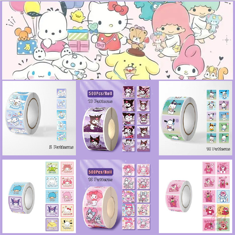 Q Square Kuromi / Melody / Cinnamoroll / Pochacco /Lotso . สติ๊กเกอร์รางวัลเด็ก 500 ชิ้น/ม้วน DIY ไดอารี่ Scrapbooking ป้ายซีล Decals