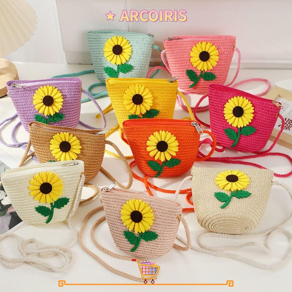 Arcoiris กระเป๋าสะพายข้าง,กระเป๋าสะพายฟางขนาดเล็ก,กระเป๋าใส่เหรียญดอกไม้น่ารักเด็กผู้หญิงเด็ก