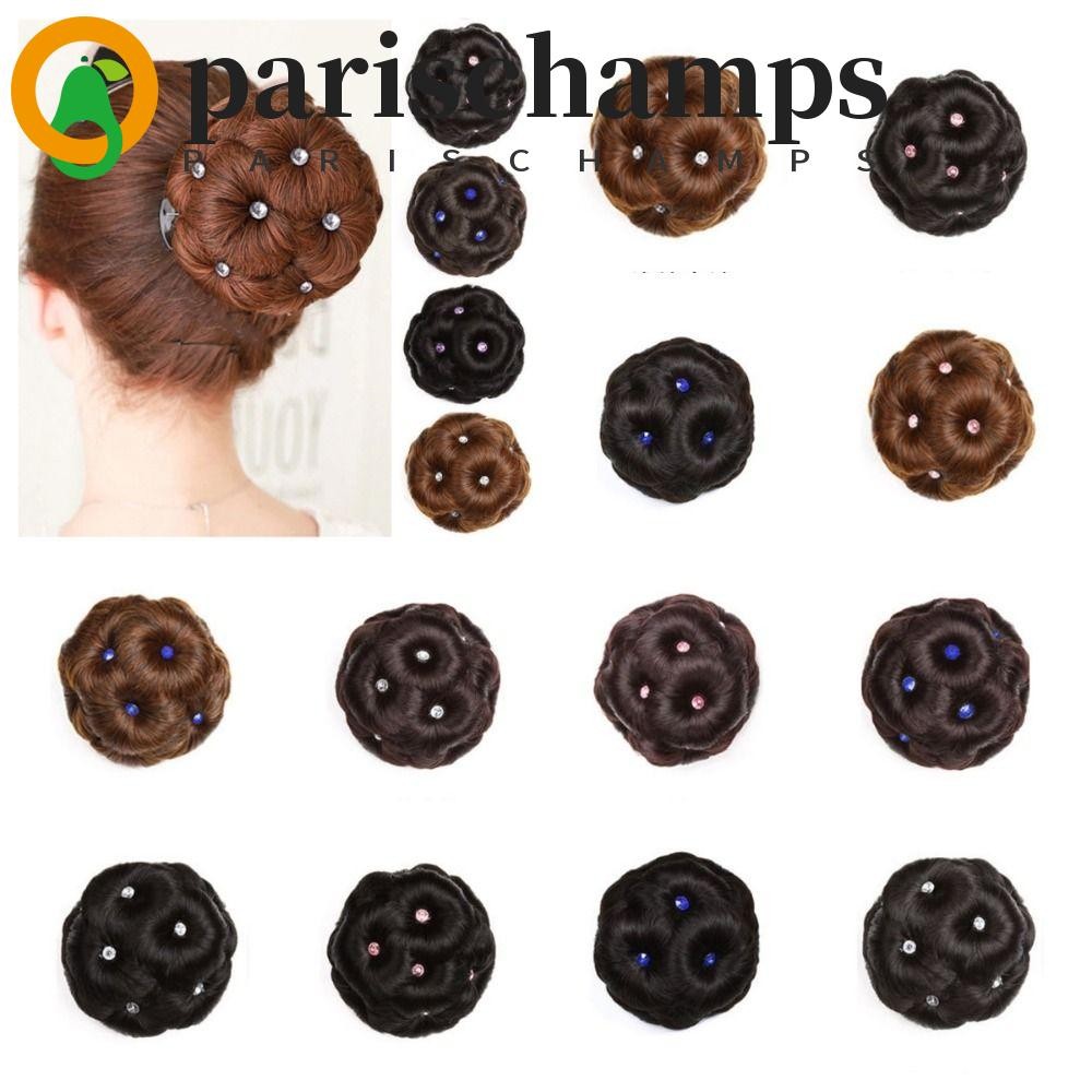 Parischamps เก้าดอกไม้ Chignon, ปลอมผมสีน้ําตาลคริสตัลมวยสังเคราะห์, Vintage Donut Bun ต่อผมธรรมชาติ Curly Chignon ผู้หญิง