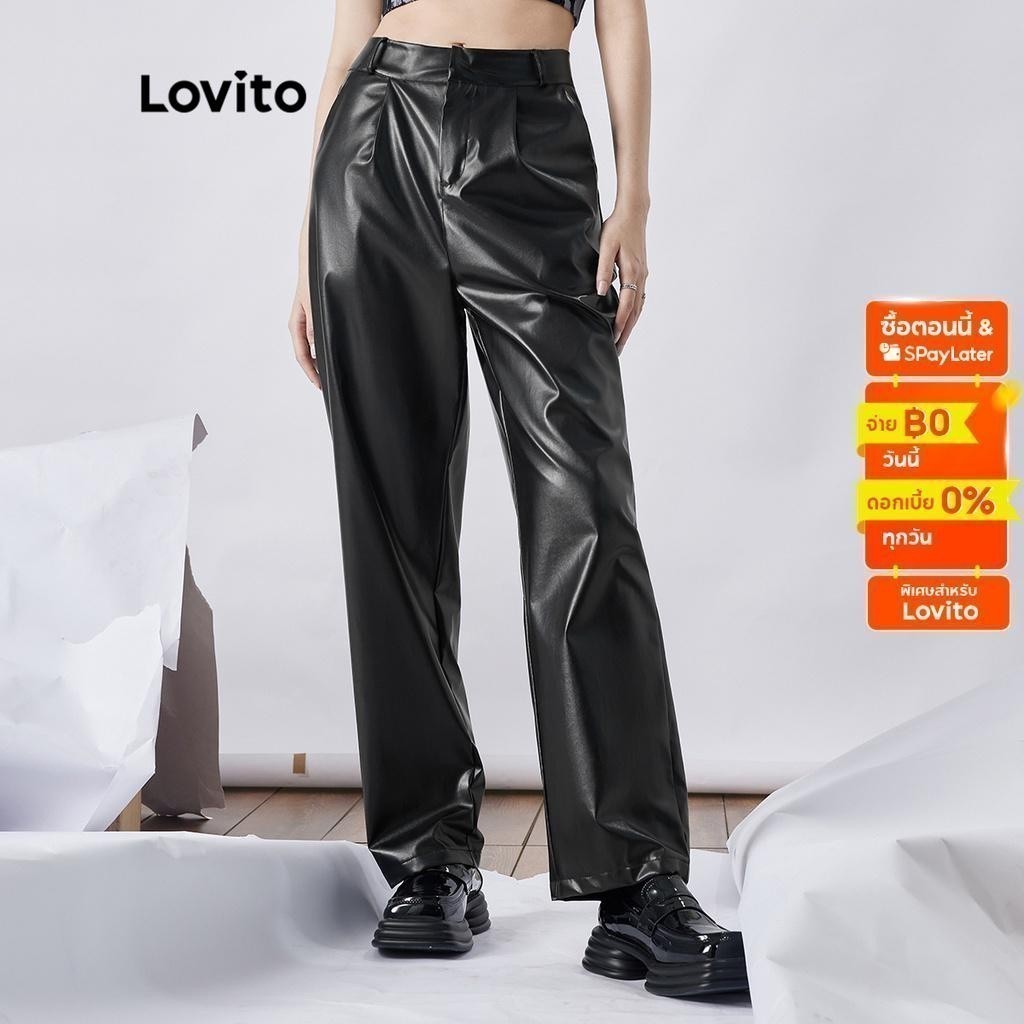 Lovito กางเกงหนัง แต่งกระดุมหน้า มีกระเป๋า สีพื้น สไตล์ลำลอง แฟชั่นผู้หญิง L39AD068 (สีดำ)