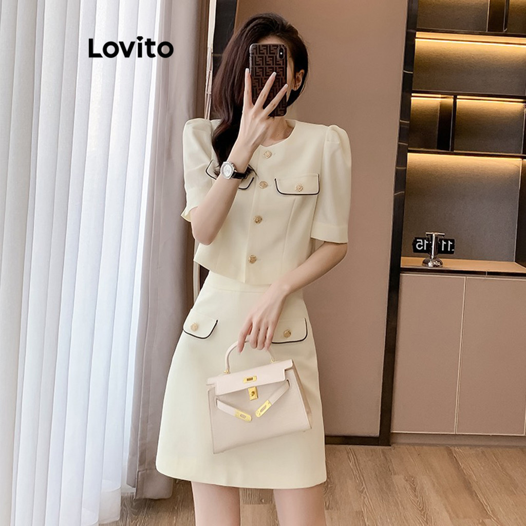 Lovito ชุดเซ็ทกระโปรงผู้หญิง สีพื้น สไตล์ลำลอง LNE60400