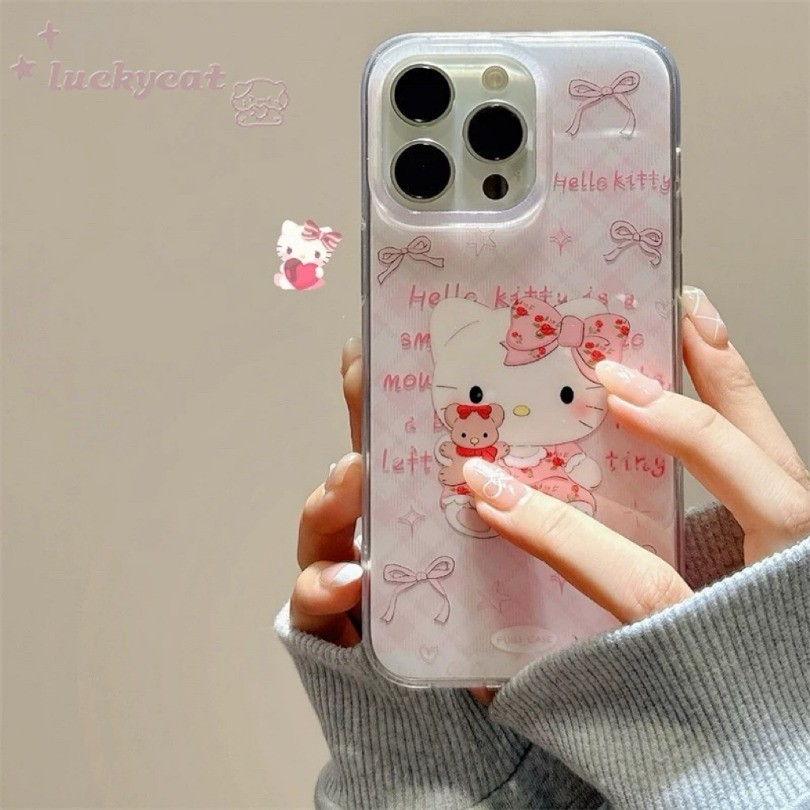 Iphone 16 15 14 13 12 11 Pro Max X Xr Xs Max 7 8 Plus SE2020 เคสโทรศัพท์การ์ตูนน่ารัก Hug The Little Bear KT CatPattern+Lanyard Clear Soft Back Cover