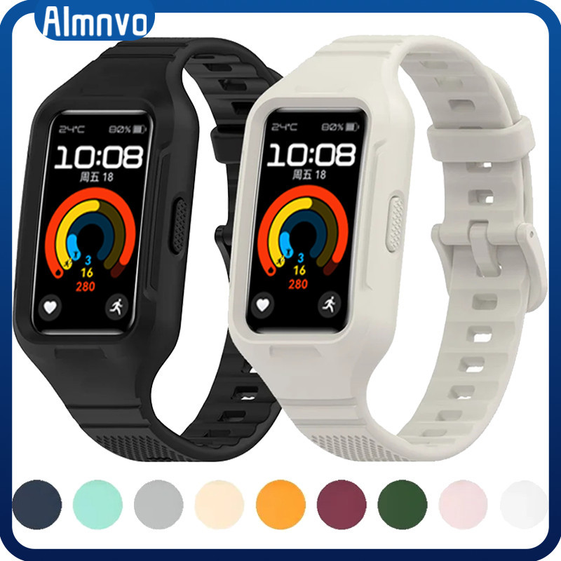 สายยางสปอร์ต 2 in 1 พร้อมกันชน สำหรับ Huawei Band 9 8 7 ต่อต้านกอร์ Huawei Band 9 8 7 สายยางกีฬา
