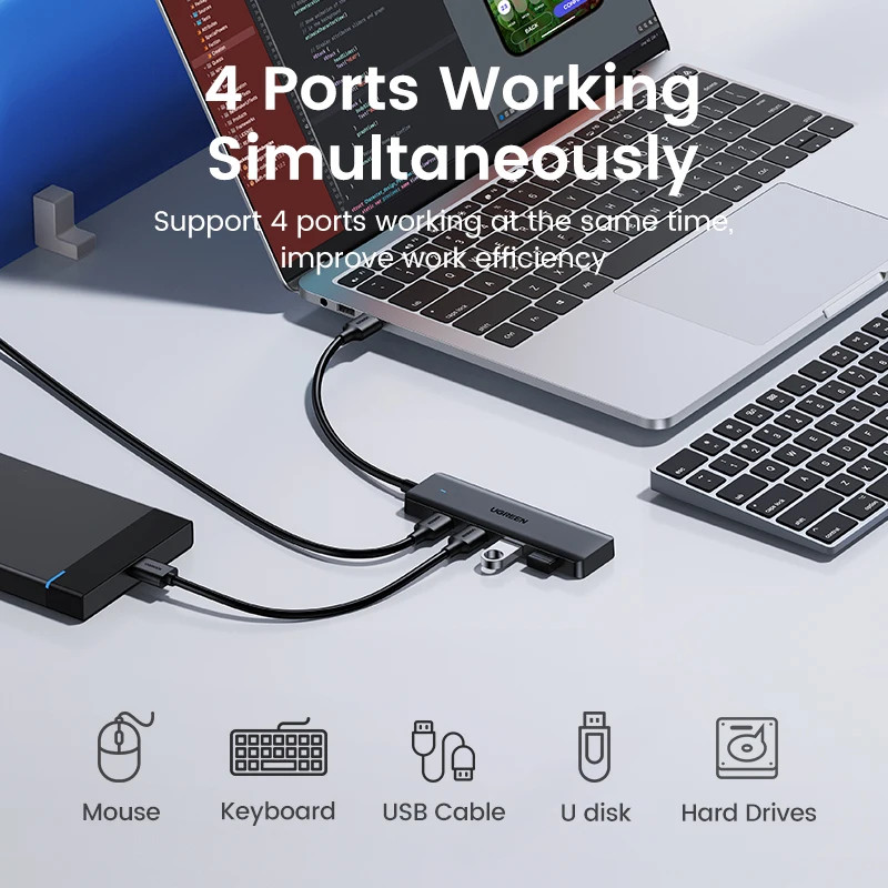 Ugreen ฮับ Usb 4 พอร์ต Usb3.0 Hub ตัวแยกฮับ Usb ความเร็วสูง 5Gbps - รูปที่ 2