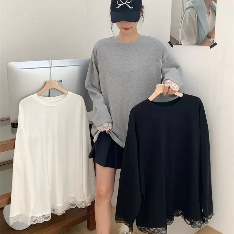 Oversize Tops(40-150kg) ฤดูใบไม้ร่วงเกาหลีเสื้อยืดธรรมดาขนาดบวกแขนยาว Splicing Lace T เสื้อ