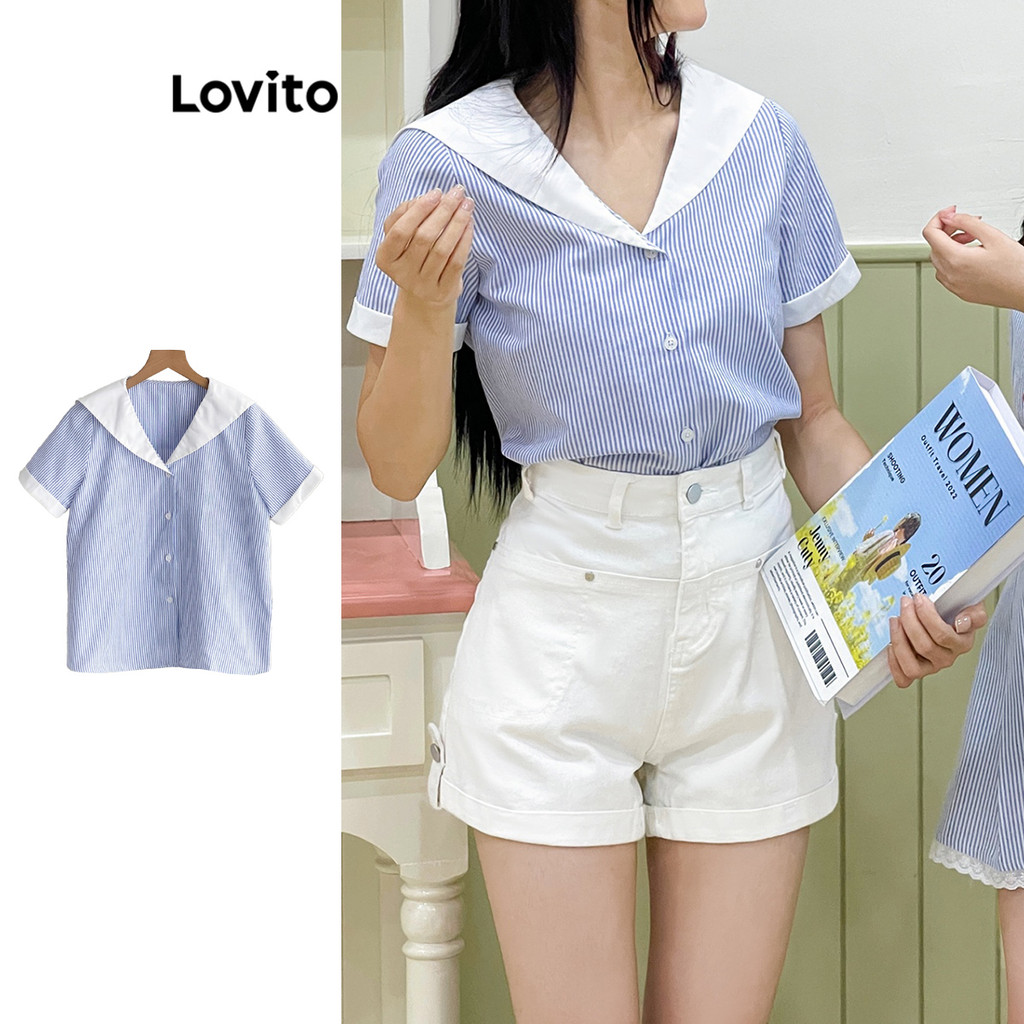 Lovito เสื้อเบลาส์คอปกปักลายทางสีตัดกันแบบลำลองสำหรับผู้หญิง LAD106612