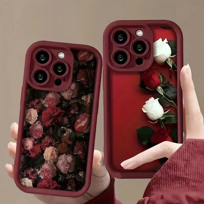 Retroไวน์แดงเคสโทรศัพท์สําหรับiPhone 11 12 13 Pro Max 16e 14 15 16 17 Pro X XS XR 7 8 Plus SE 2020 Red RoseและWhite Rose Cover