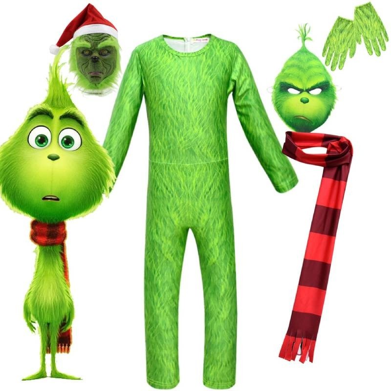 =จั๊มสูทฮาโลวีน Grinch คอสเพลย์เครื่องแต่งกาย Grinch หน้ากากเด็กชุดคริสต์มาสปาร์ตี้