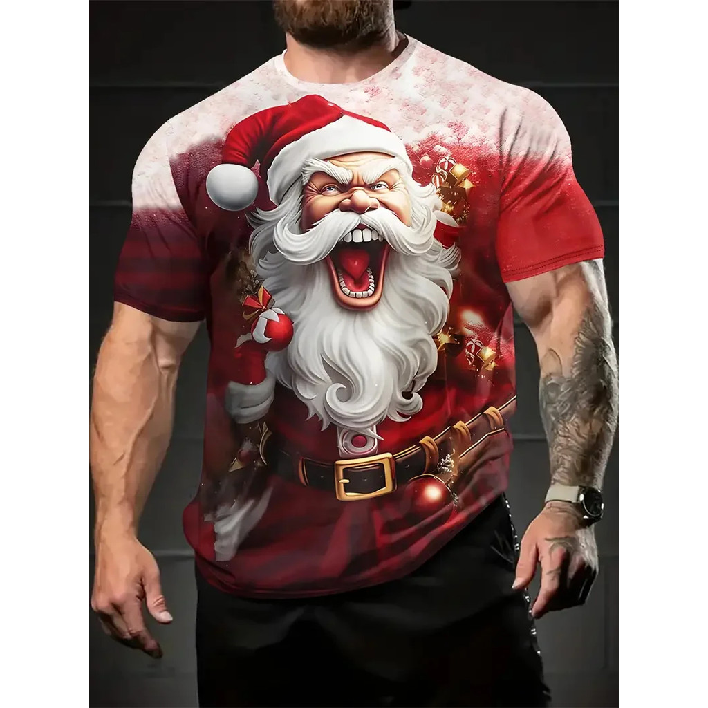 Santa Claus 3D พิมพ์ชายเสื้อยืดแฟชั่นคริสต์มาสวันหยุดของขวัญผู้ชายรอบคอแขนสั้นขนาดใหญ่ Hip hop เสื้อผ้า
