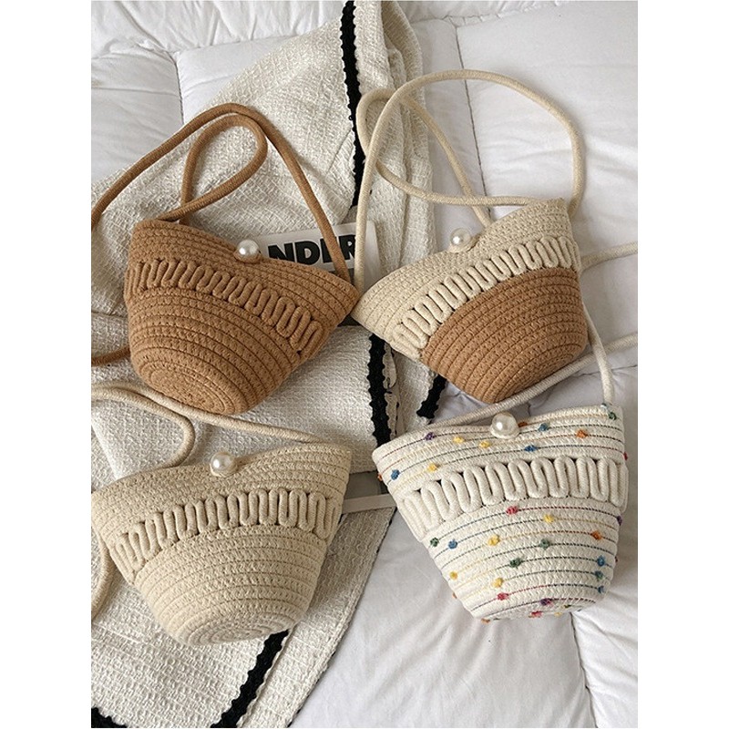 พร้อมส่ง กระเป๋าเชือกถักมุก เล่นลาย เชือกฝ้าย สายยาว งานเกรดพรีเมี่ยม P283