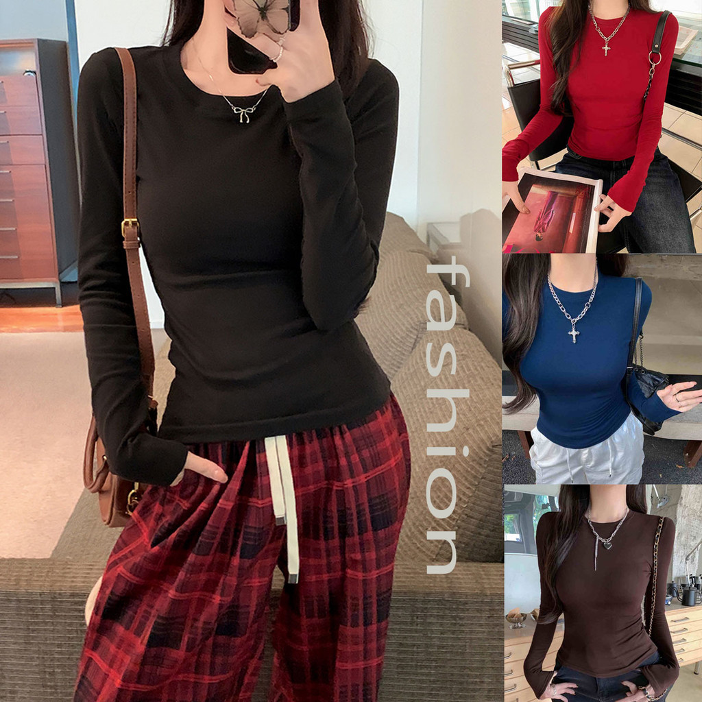 Dahong 2670 เสื้อยืดแขนยาวรัดรูป สไตล์เกาหลี รุ่น สีพื้น พร้อมส่ง
