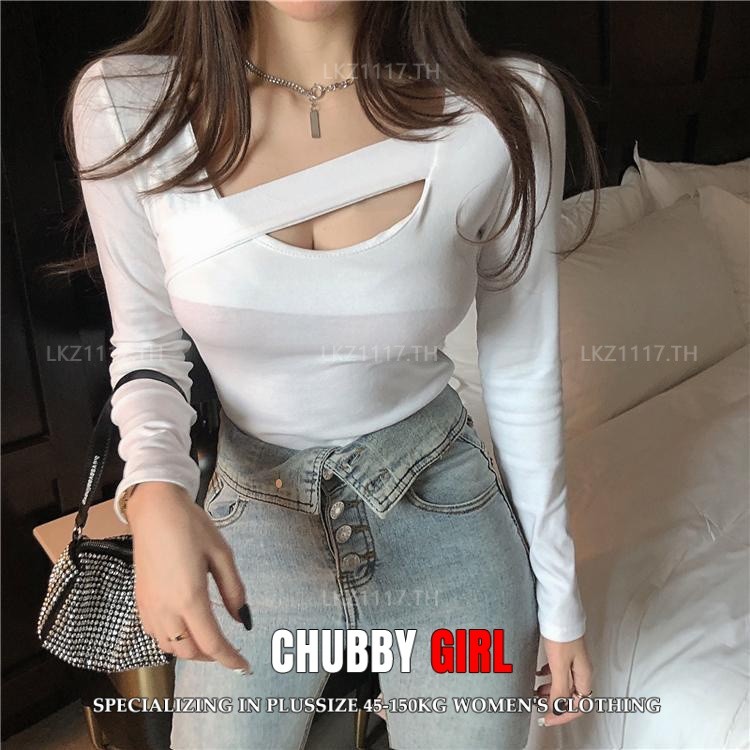 Plus size เสื้อผ้าสาวอวบ❤ เสื้อยืดสาวอวบอ้วน ไซส์ใหญ่ ผู้หญิง เสื้อยืดรัดรูป แขนยาว คอกลม สีขาว ฤดูร
