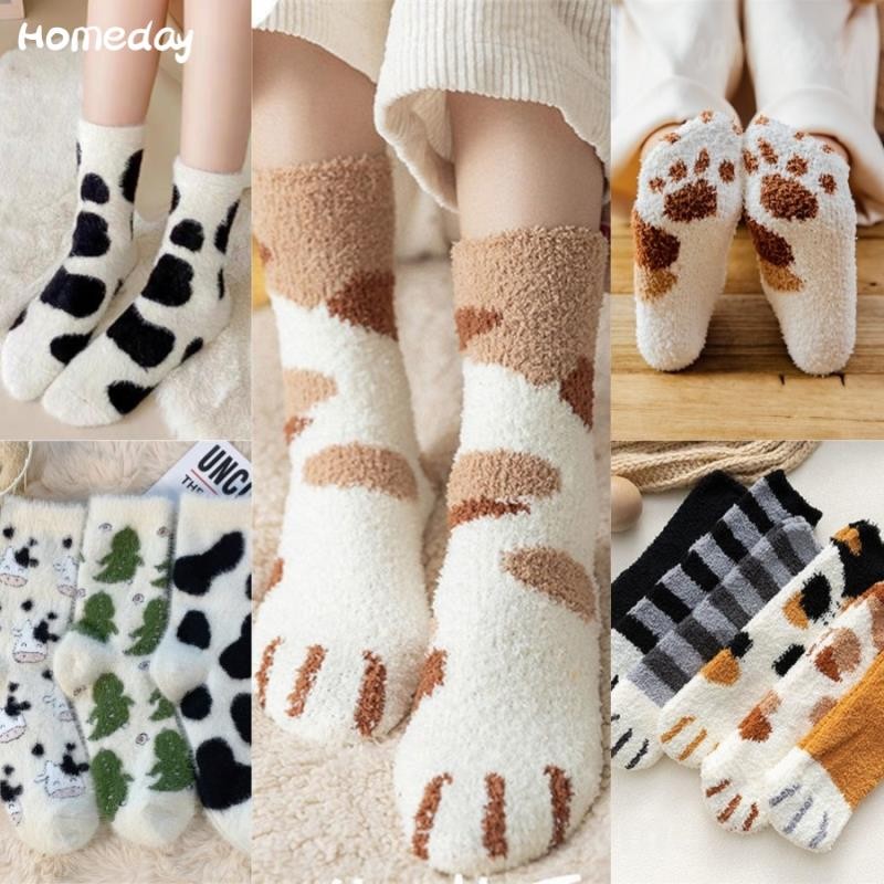 ถุงเท้าขนแกะใส่นอน สตรีแมว Paw Stripe 3d ถุงเท้า Kawaii สนุกหนาสาวการ์ตูนสัตว์ Fingers ถุงเท้า Hosiery Toe Zebra/Tiger/แมวเท้า Sox