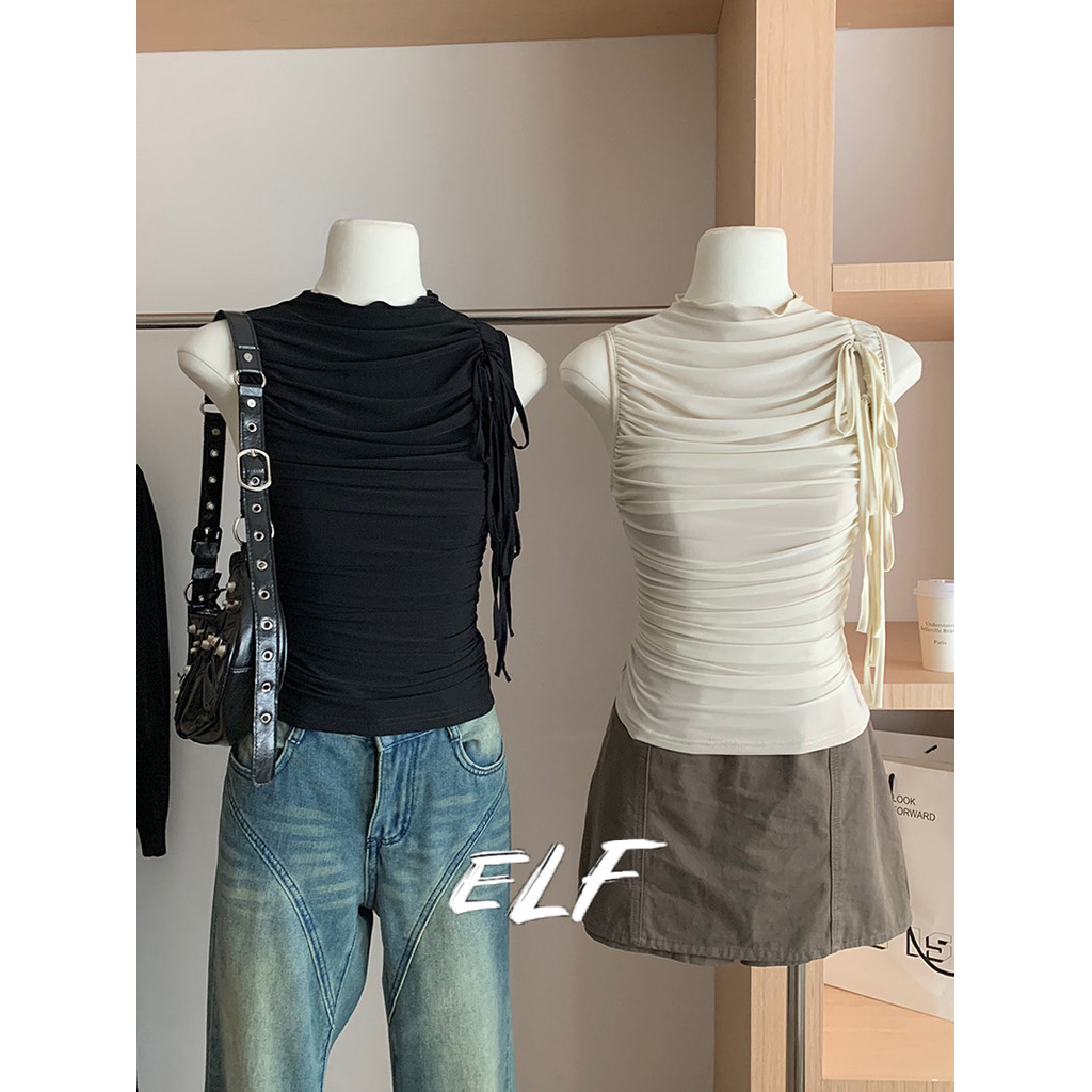 ตาข่ายคู่ผูกยืด Cinched เอวจีบคอเต่าเสื้อกั๊กแขนกุด Roll-up Top