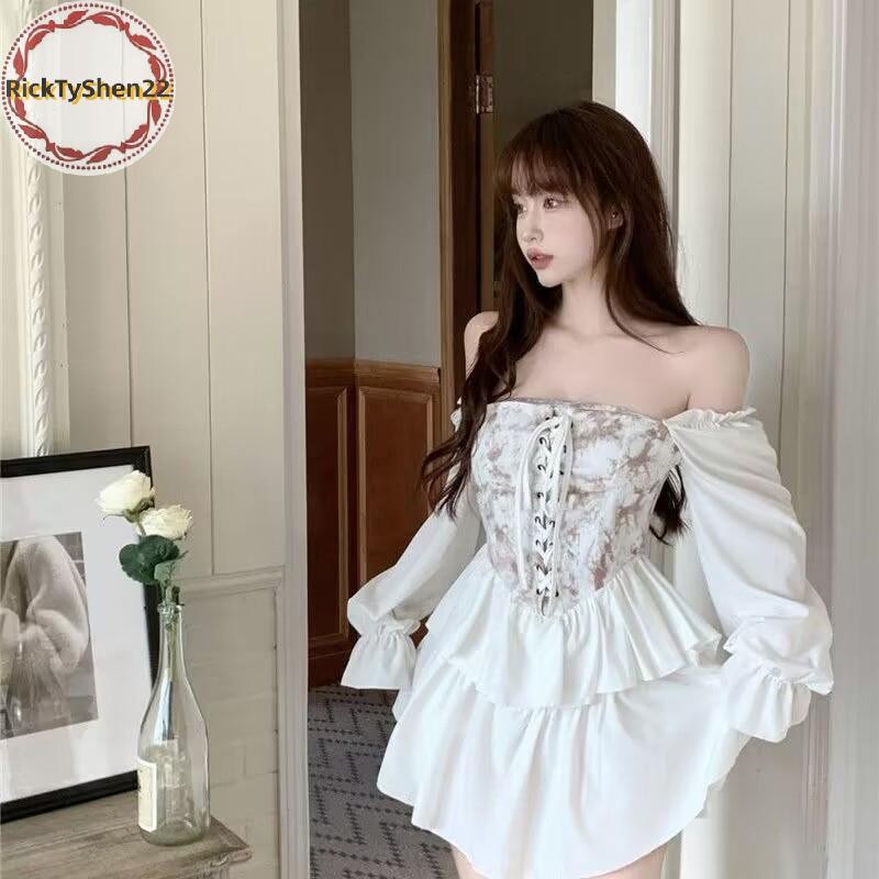 Ricktyshen Vintage ชุดเดรสสั้นผู้หญิง Slash คอโคมไฟยาวแขน Lace Up Zipper Ball Gown TH
