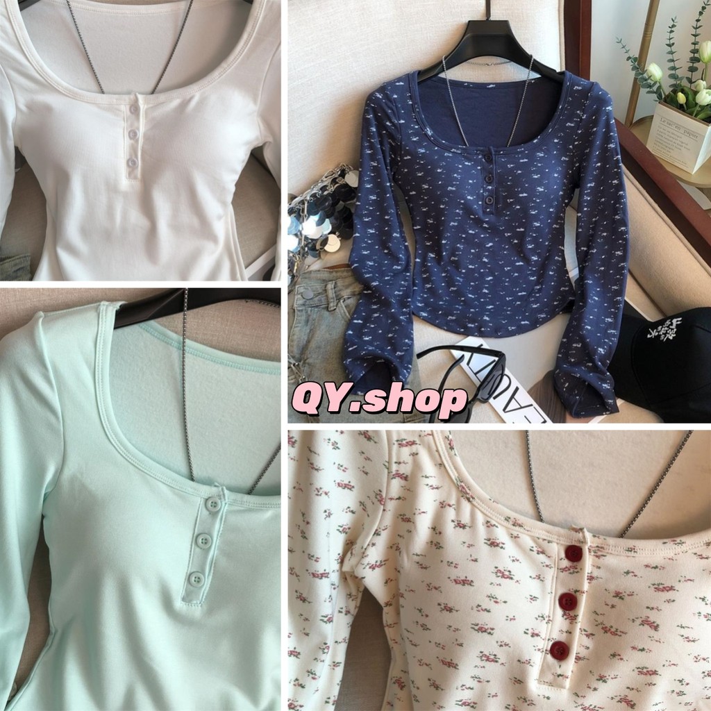 QY.Shop เสื้อแขนยาวคอกลม มีฟองน้ำ สไตล์เกาหลี สัพื้นลายดอกไม้ "FY5067"