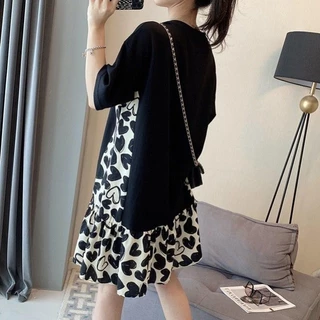 【Oversize Dress】(40-150 กก.) แขนสั้น พลัสไซส์ มินิเดรส ทรงเอ ลายดอกไม้ ประกบ หลวม เดรสแฟชั่นเกาหลี Plus Size Dress