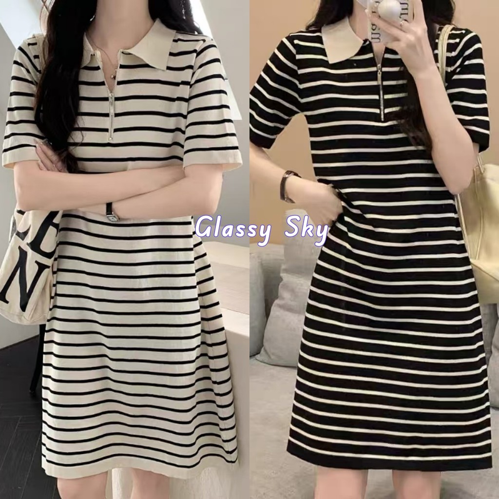 Glassy Sky พร้อมส่ง เดรสไหมพรมคอปกแขนสั้น ดีเทลซิปหน้า ลายทาง เดรสตัวยาว เดรสกระโปรง(28070)