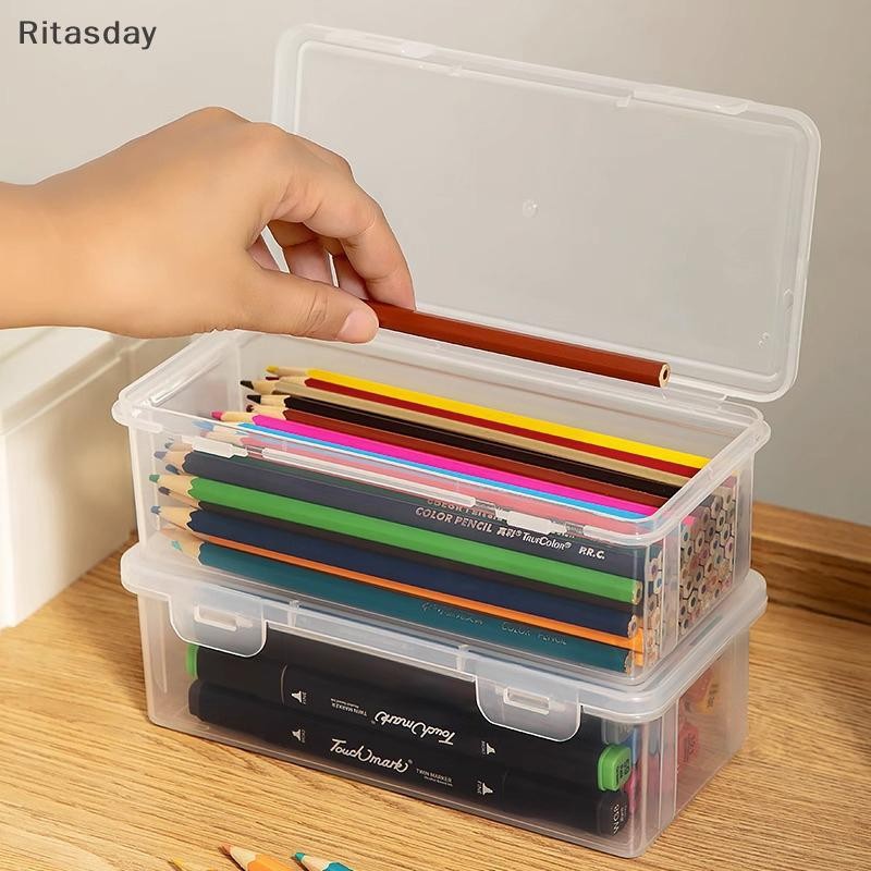Ritasday 1PC Storage Organizer กล่องขนาดใหญ่ความจุกล่องดินสอพลาสติก Stackable โปร่งแสงใสปากกากล่องอุปกรณ์สํานักงานใหม่
