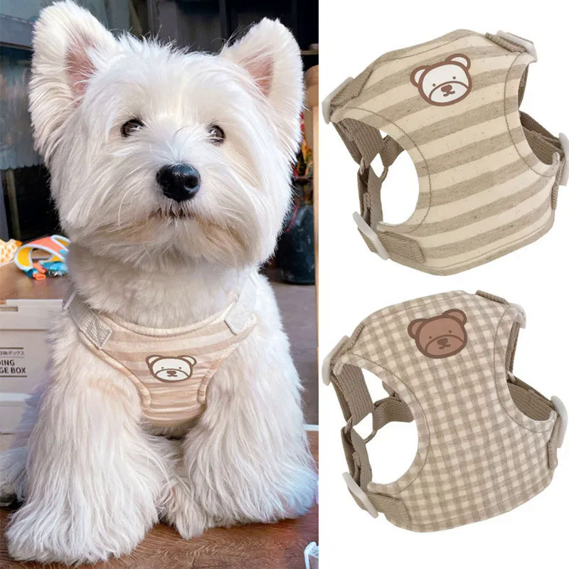 Dog Harness Leash Set Cut Bear Plaid Stripe Harness Leash Rope for Puppy Ins Style Dog Walking Harne