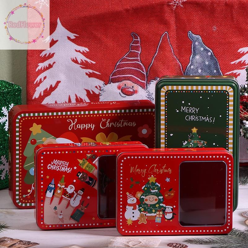 Redflower คริสต์มาส Merry Tinplate สี่เหลี่ยมผืนผ้ากล่องขนมกล่องเก็บของขวัญบิสกิตสามารถ Home Hand Card คอนเทนเนอร์ Party คุกกี้กล่องเก็บ TH