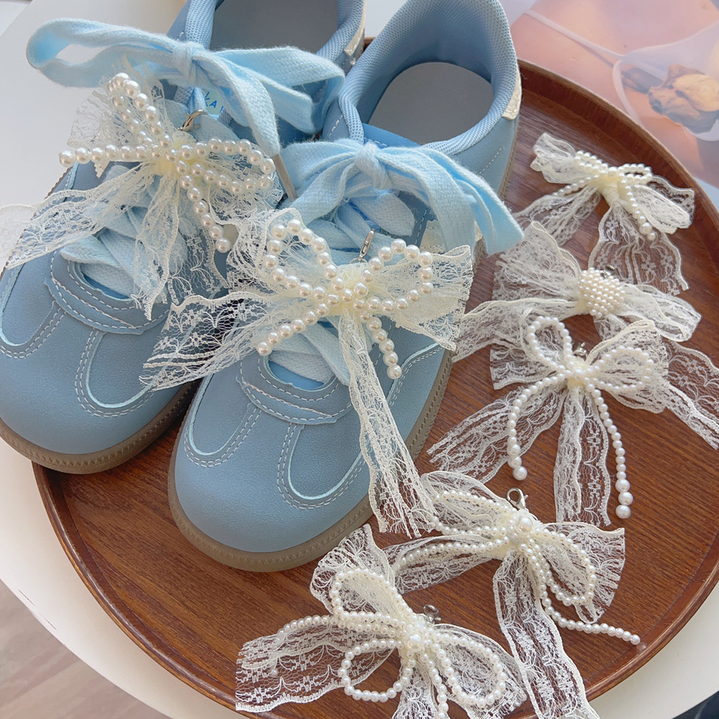 Romance Lace Pearls Bead String Bowknot Shoelaces Decor Buckle - DIY Sweet Pearl Bow จี้หัวเข็มขัดรองเท้าอุปกรณ์เสริม