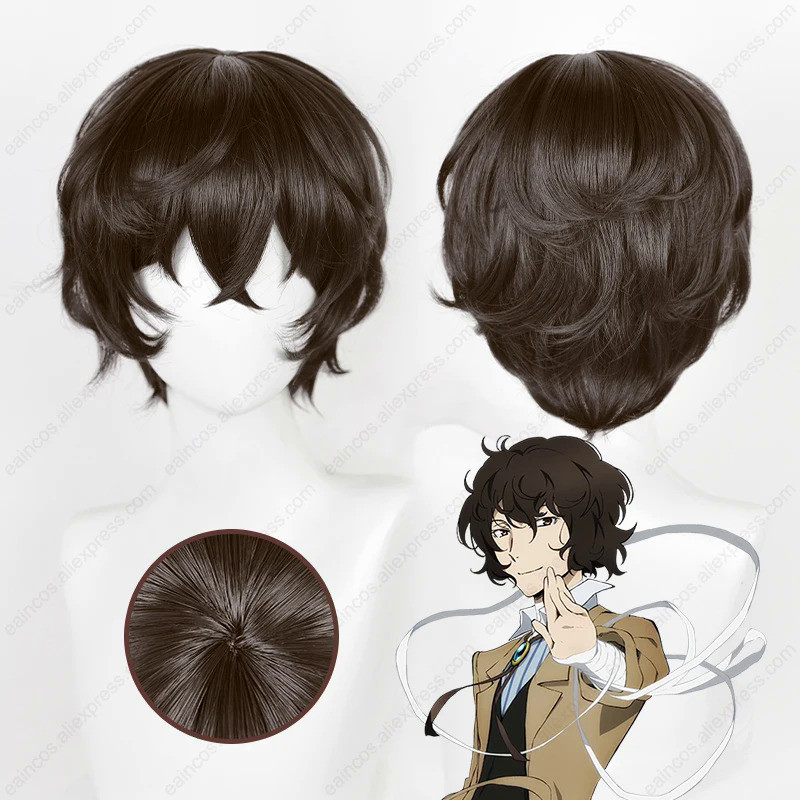 Anime Dazai Osamu Cosplay Wig 30cm Dark Brown Short Hair Heat Resistant Synthetic Wigs with Wig Cap
