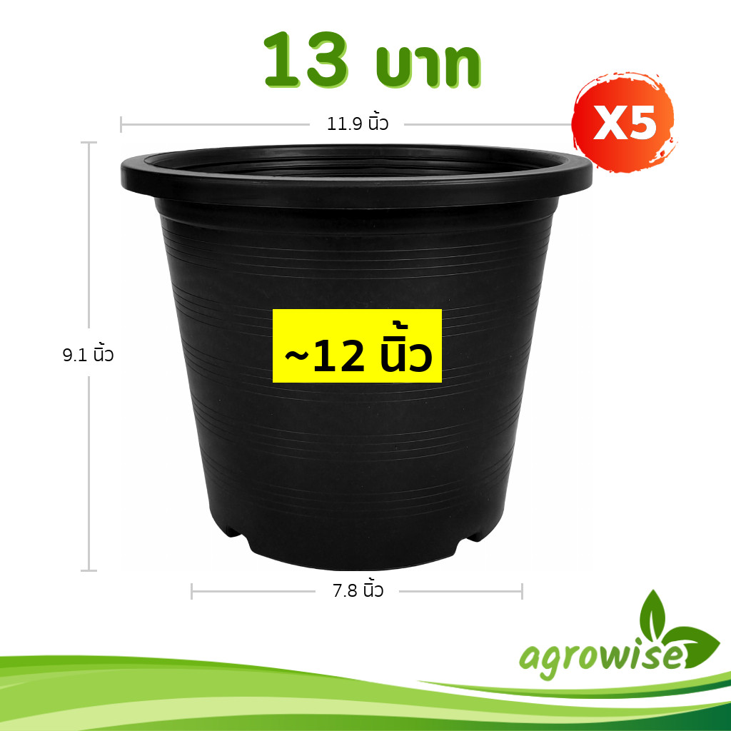 กระถาง กระถางต้นไม้ กระถางพลาสติก เบอร์ 12 นิ้ว สีดำ 5 ใบ ยกมัด