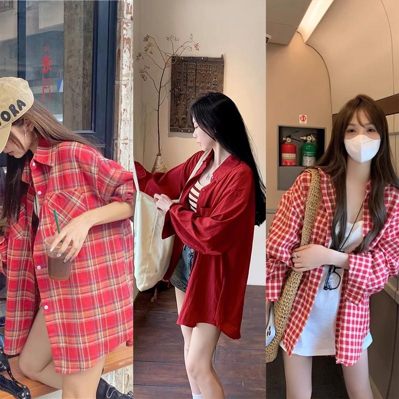 ohho#เสื้อเชิ้ตสีแดงสาวอวบ เสื้อเชิ้ตแขนยาว สีแดง ใส่ทำงาน ใส่เที่ยวได้ค่ะ สีแดงสดตรุษจีน สวยมากๆ#w514/w513/w512