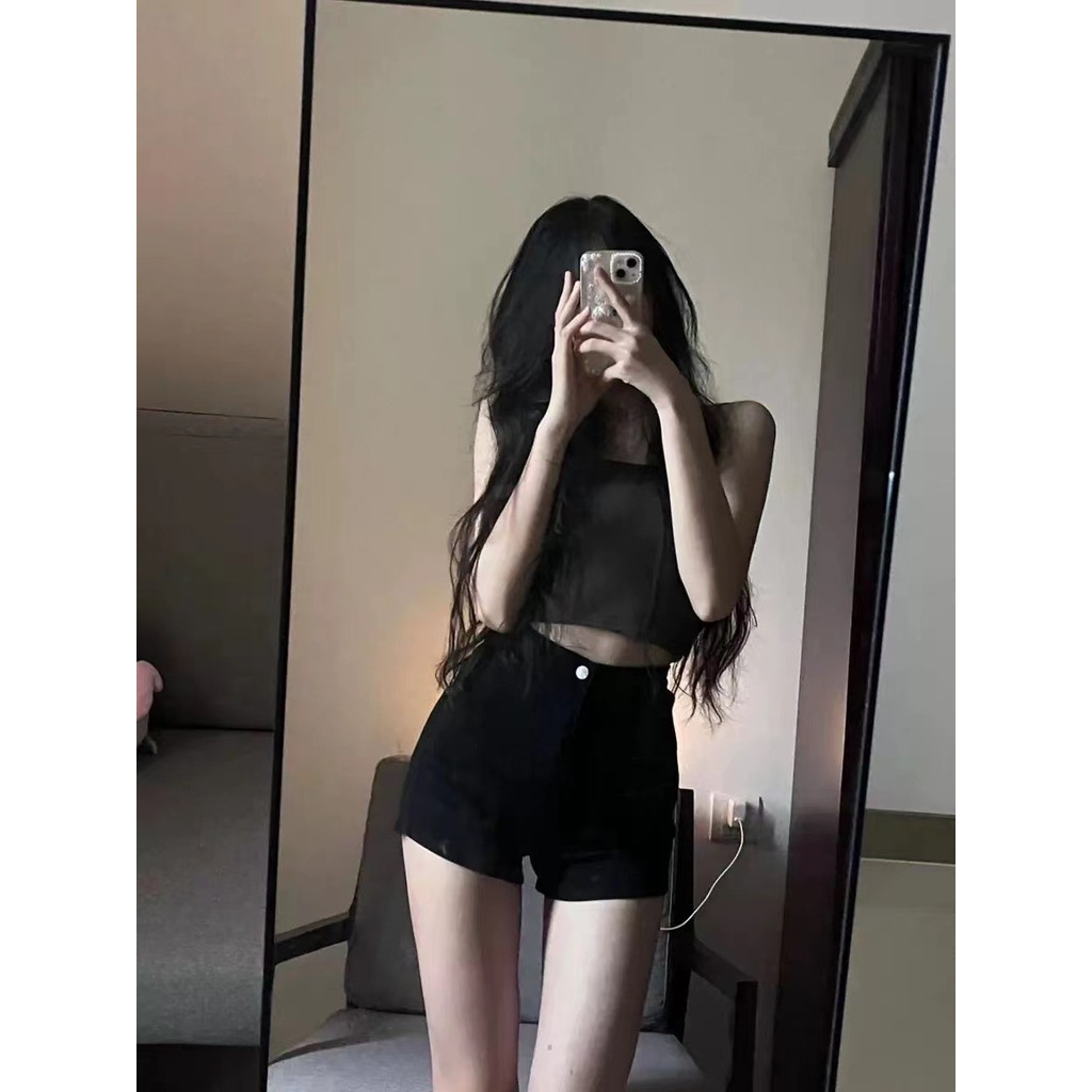 กางเกงขาสั้นผ้ายีนส์สาวเซ็กซี่หัวเข็มขัดเอวสูง