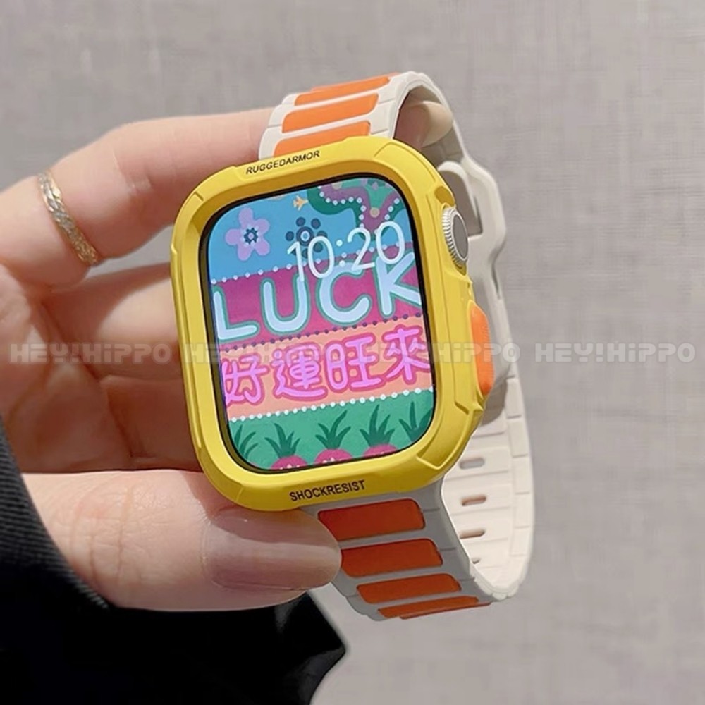 สายซิลิโคนทูโทน+เคสป้องกันเหมาะสําหรับสมาร์ทวอทช์ซีรีส์ 10/9/8/7/6/5/SE/4 เหมาะสําหรับ iwatch 49/46/45/44/42/41/40/38 มม.