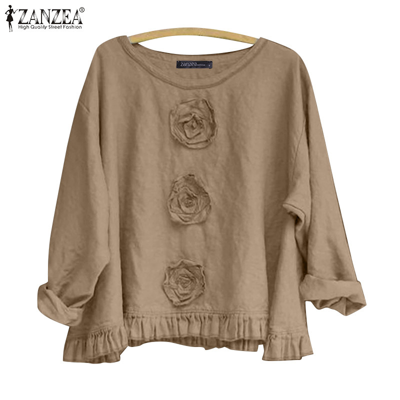 Zanzea ผู้หญิงแขนยาวลําลองสามมิติดอกไม้ Ruffle Hem เสื้อหลวม
