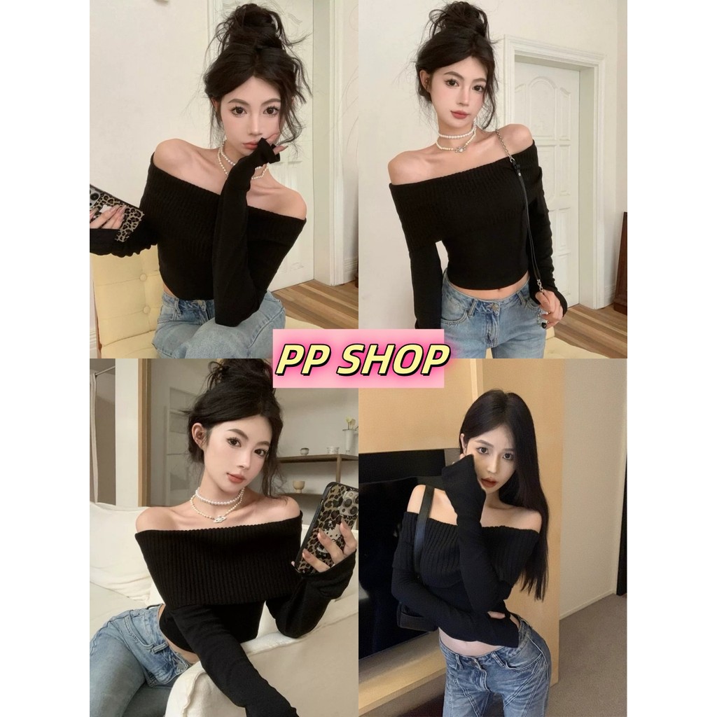 PP Shop​ ​พร้อมส่ง เสื้อยืด สีพื้น ปิดไหล่ เสื้อไหมพรม เสื้อครอป สีดำ เข้ารูป ใส่สบาย เซ็กซี่ ทรงสวย ผ้ายืดน่ารัก#98275