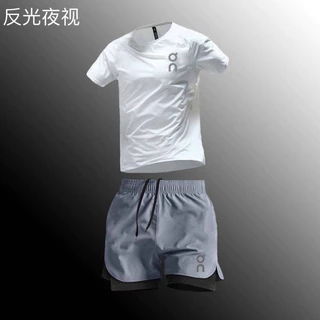 【Ready Stock】 On Quick-Drying Outfit Summer T-shirt Workout Clothes Basketball Suit Training Fake Two-Piece Shorts Running Suit Sports Short Sleeve NNic