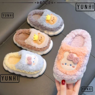 Yunhi รองเท้าแตะผ้าฝ้ายสําหรับเด็ก, รองเท้าแตะลายการ์ตูนกระต่าย/หมีเด็กขนยาว, รองเท้าแตะฤดูหนาวสําหรับเด็กผู้หญิง Kawaii