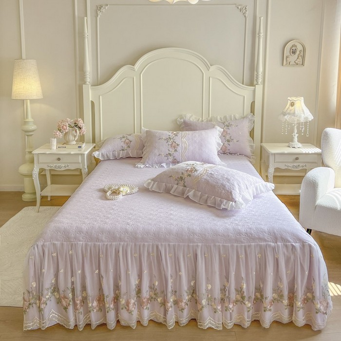 ปลอกคลุมเตียงผ้าถักนุ่ม ลายดอกไม้ปักมินิ ผ้านวมบุหนานุ่ม สไตล์เจ้าหญิงลูกเรือหรู - รูปที่ 7