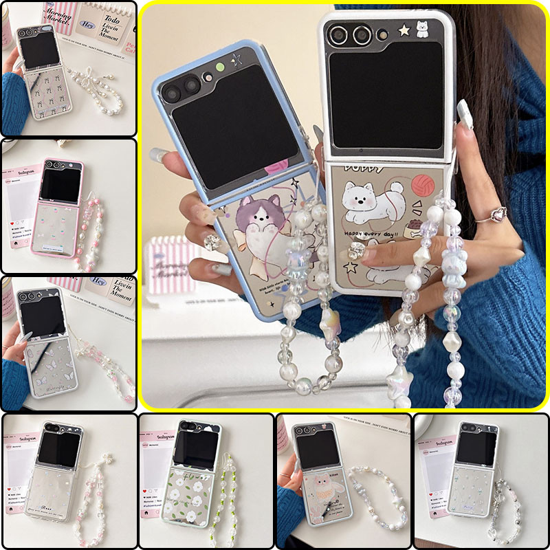 น่ารักการ์ตูนผีเสื้อดอกไม้สร้อยข้อมือสําหรับ Samsung Galaxy Z Flip 6 Z Flip 5 Z Flip 4 Z Flip 3 แมวส